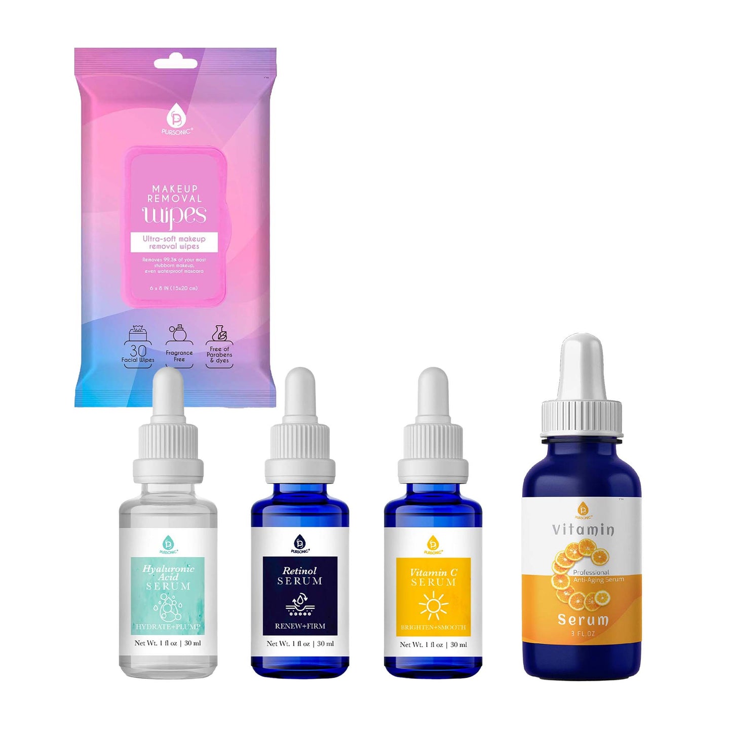 Pursonic Complete Skincare Essentials Bundle – Anti-Aging Serum Set, Vitamin C Serum, and Makeup Removal Wipes