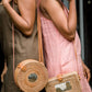 Tan Tien Buffalo Horn Centerpiece Circle Wicker Rattan Bag